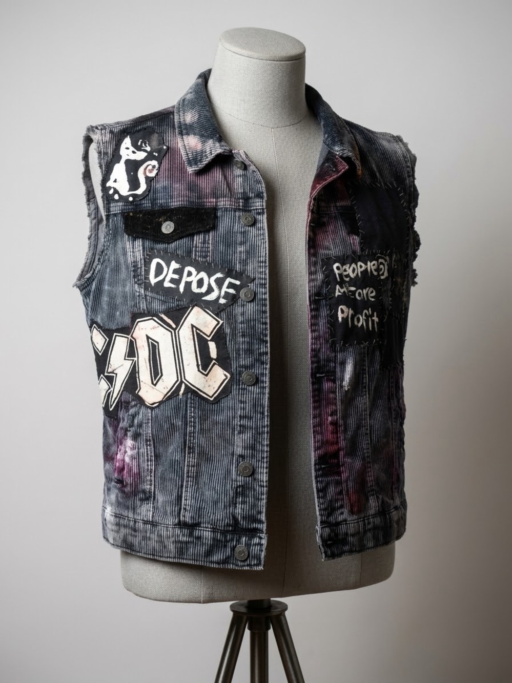 Liquors and poker Distressed Black & Purple Graphic Denim Vest
